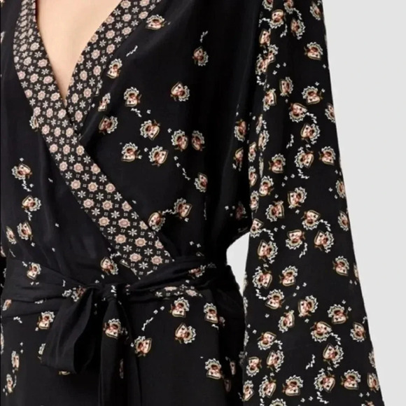 ALL SAINTS US 4 Alva Fraise Kimono Dress 100% Silk Black Yellow Red Floral Print - Picture 4 of 8